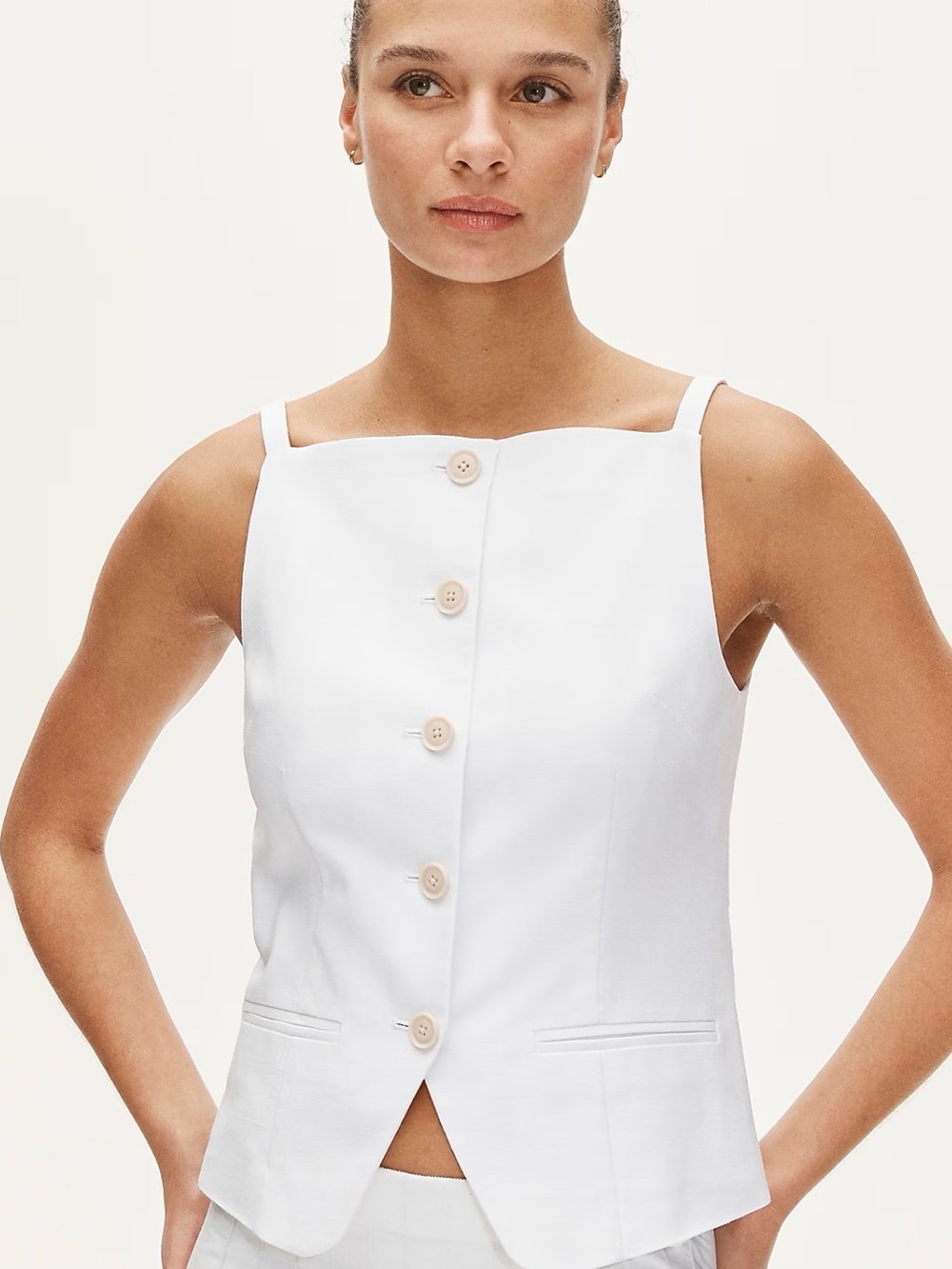 White Square Neck Button Front Vest Linen Blend Size 2